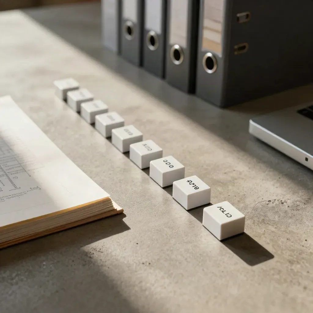 Stepped markers, folded report pack and shadow on a concrete desk