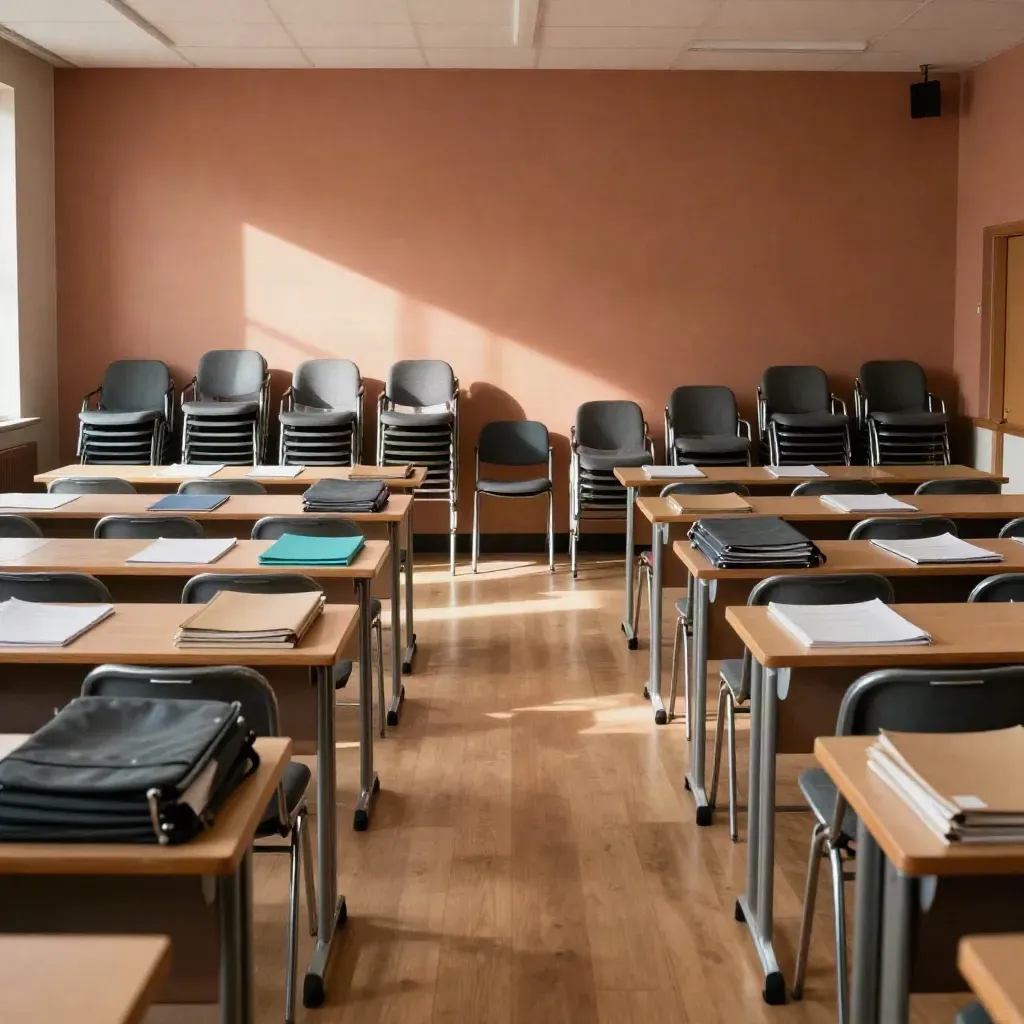 Empty council workshop room with stacked chairs, workshop packs, and a sun stripe on a plaster wall