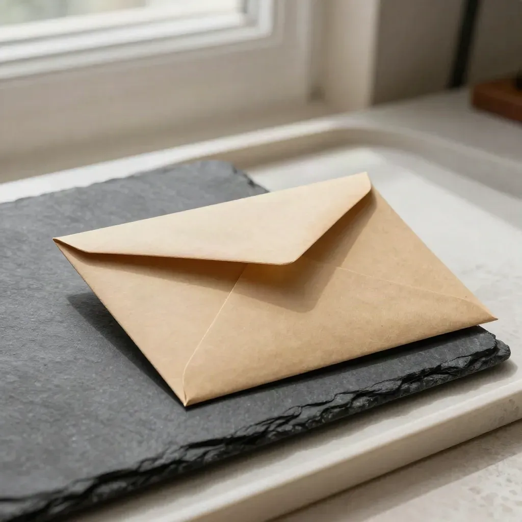 Sealed buff envelope beside a folder and paper tray on a stone desk