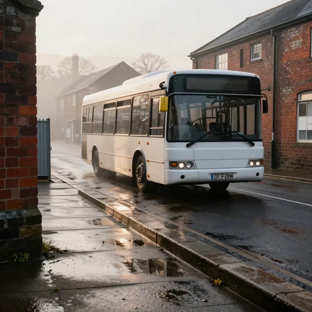 Low curb-level view of a white bus turning into a misty depot lane beside wet brick walls at dawn.
