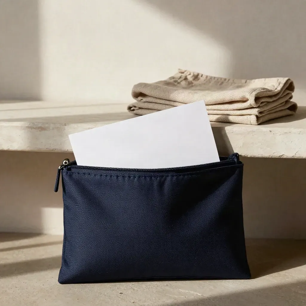 Feasibility pack pouch, divider set and linen cloth on a bench by a plaster wall